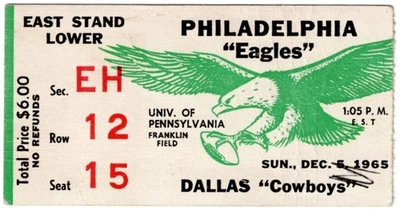 1965 PHILADELPHIA EAGLES vs DALLAS COWBOYS ticket stub 12/5/65 BOB HAYES creases - Image 1 of 2