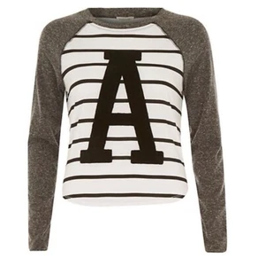 River Island Grey Stripe Applique 100% Cotton Raglan Sleeve Top Tee - Size 12 - Picture 1 of 5