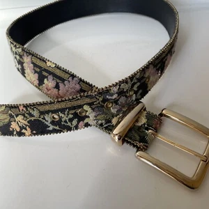Vintage Tapestry Belt 25-29 Inch Flower Floral Beaded Edge Gold Tone Buckle Boho - Picture 1 of 12
