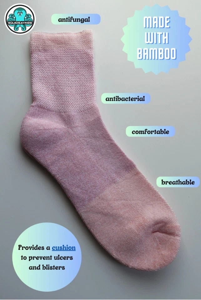 3 pares de calcetines rosas unisex para diabéticos - talla grande (10-12) **Hechos con bambú** Foto 1 de 4