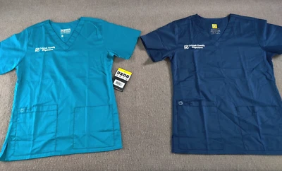 Lot of 2 Wonder Wink Womens V-Neck Scrub Top XS Teal Navy Blue Business Logo NEW - Image 1 of 4