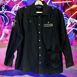 Vtg Coogi Shirt Sz XXL 2XL Black Velvet Embroidered LS Button Up Patch Logo FLAW - Picture 1 of 17
