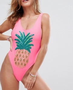 River Island Pink Pineapple Sequin High Leg Low Back One-Piece Swimsuit US4 NWT - Picture 1 of 12