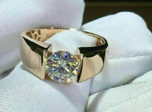1Ct Round GH/SI Natural Diamond/CVD Solitaire Men's Ring In 14K Yellow Gold - Picture 1 of 15