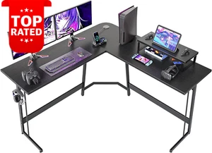 L Shaped Corner Desk 47 Inch Computer Desk with Monitor Stand Black Gaming Table - Picture 1 of 12