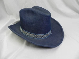 Vintage Blue Denim WESTERN COWBOY HAT Stitched Trim 100% Cotton Wire Brim Large - Picture 1 of 12