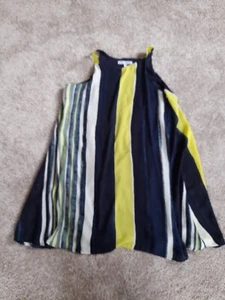 NEXT PETITE BLUE YELLOW STRIPED LAYERED LONG VEST DRESS TOP SZ 12 P UNIQUE - Picture 1 of 6