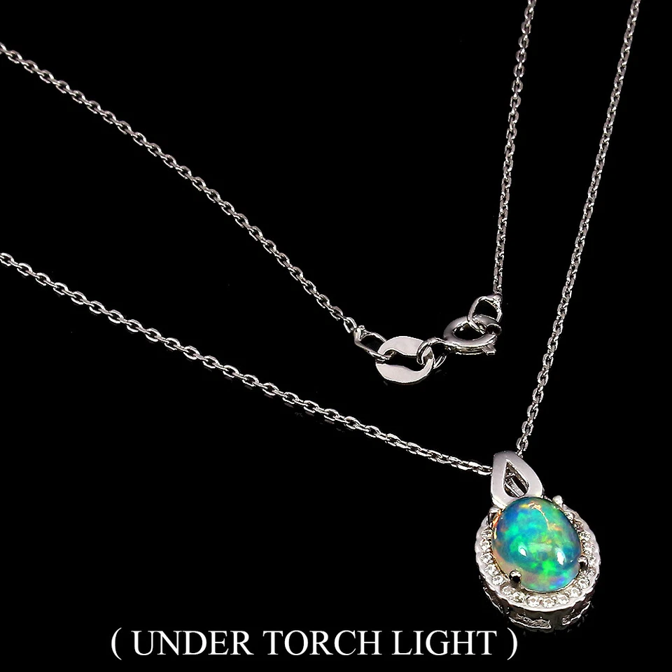Collana In Argento 925 Con Opale Fuoco Ovale 9x7mm E Gemma Topazio 18 Pollici - Immagine 1 di 4