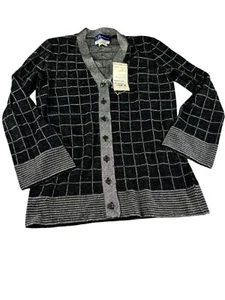 LeRoy Knitwear Button Up Cardigan Sweater Black Silver Windowpane Size L NWT - Picture 1 of 8
