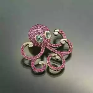 Broche broche pulpo 3 quilates corte redondo simulado zafiro rosa chapado en oro amarillo de 14 quilates - Imagen 1 de 9