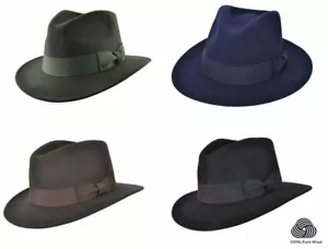 ✔️ Crushable Indiana 100% Wool Felt Fedora Trilby Hat With Wide Band All Size - Picture 1 of 11
