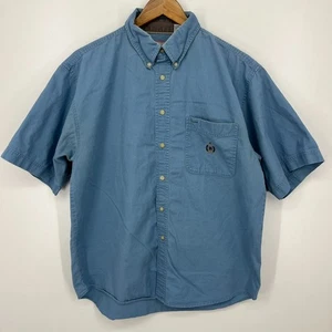 Bugle Boy Short Sleeve Button Shirt Men's L Blue Crest Logo Pocket Vtg 90s - Picture 1 of 12