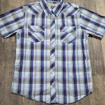 Camisa masculina Urban Pipeline roxa xadrez com botões manga curta grande estalo pérola - Imagem 1 de 4