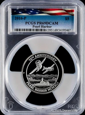 2016-P Tuvalu $5 Pearl Harbor 5oz Silver HR Coin - PCGS PR69DCAM - Image 1 of 2