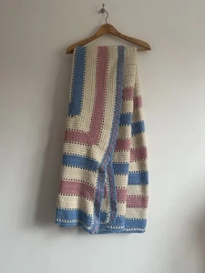 Hand Made Crochet Throw Blanket Cream Blue Pink 49 x 78in Boho Cottagecore Retro - Picture 1 of 10