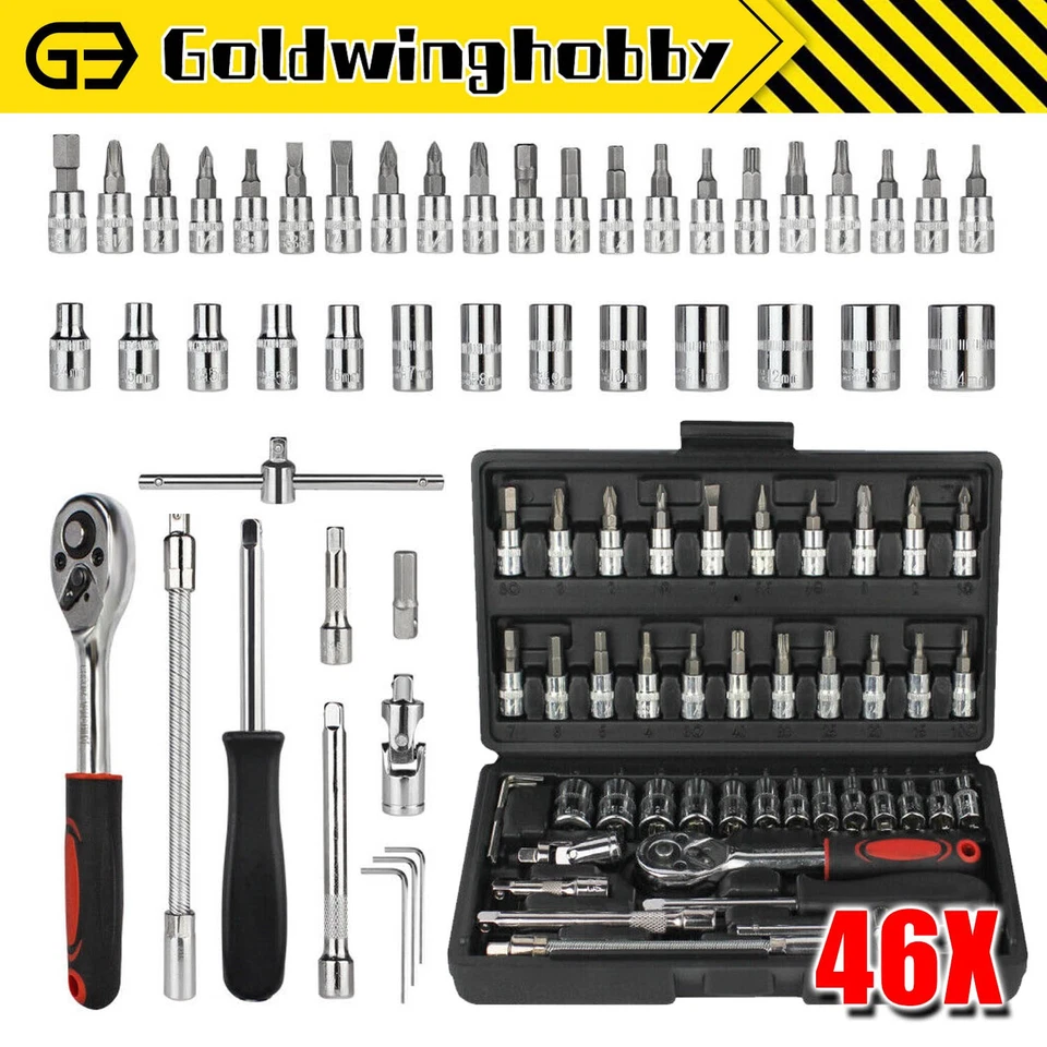 Socket Ratchet Wrench Set (46X) Metric Sae Spanner Car Repair Tool Kit 1/4"Drive - Image 1 of 4