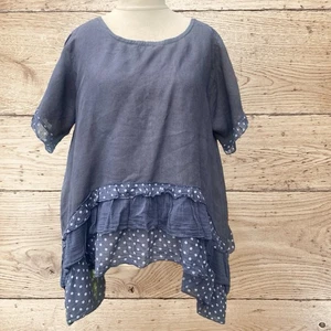 Made in Italy Navy Blue Ruffle Polka Dot Hem Lagenlook Linen Top One Size - Picture 1 of 2