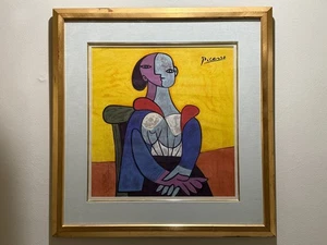 Pablo Picasso "Femme A La Chaise Sur Fond Jaune" Print on Cloth, Framed - Picture 1 of 7