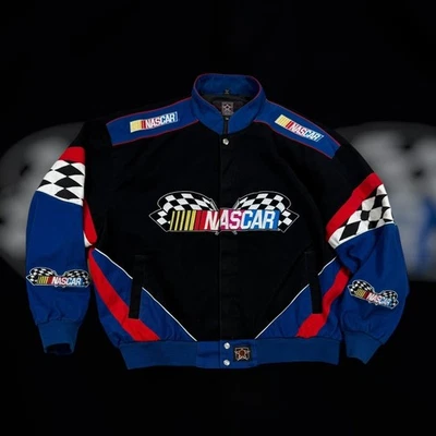 Vintage NASCAR Racing Jacket Mens Black Blue Red Checkered Logo Arrow Size M - Image 1 of 4
