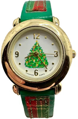 "Reloj Árbol de Navidad Rojo Verde Correa de Cuero 7 3/4"" Largo Estuche Amarillo Batería Nueva" Foto 1 de 4