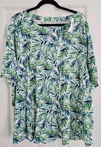 NWT NEW J. JILL PIMA SLUB ELBOW SLEEVE TEE T-Shirt 3X Green Blue Leaf Tropical - Picture 1 of 6