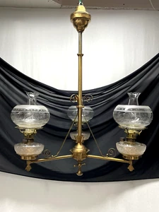 Antique Victorian Eastlake Oil Kerosene Hanging 3 Lamp Chandelier Brass Copper - Picture 1 of 24