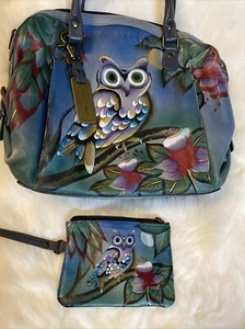 ANUSCHKA Midnight Owl Handpainted Leather Satchel Shoulder Bag W/ Coin Purse - Picture 1 of 17