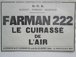9/1936 PUB UCA AERONAUTIQUE BLERIOT MUREAUX FLUGZEUG FARMAN 222 ORIGINAL FRANZÖSISCHE ANZEIGE - Bild 1 von 1