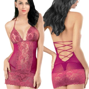 Purple Women Sexy Lingerie Backless Babydoll Chemise Lace Dress G-string Set M - Picture 1 of 6