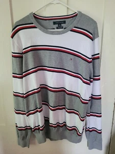 Tommy Hilfiger Grey White Striped Sweater Mens Large L - Picture 1 of 1
