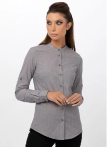 Camisa abotonada Chef Works Kitchen Verismo para mujer L 10 12 gris negra a rayas nueva con etiquetas - Imagen 1 de 12