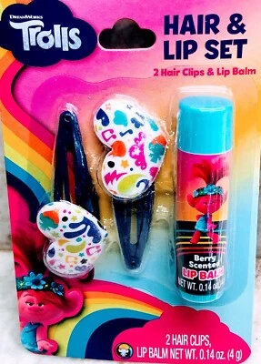 Trolls-Girls Hair/Lip Set 2 Hair Clips+Lip Balm-Berry Flavored. ShipN24Hours. - Image 1 of 4