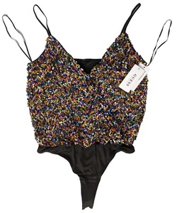 Guess Bodysuit Rico Jet Black Multicolor Sequin Womens Sz M Club Disco NWT $79 - Picture 1 of 8
