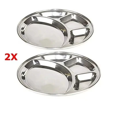2x Edelstahl Rund 4 Fächer Speiseteller Schale Tablett Indisches Abendessen 33CM - Bild 1 von 4