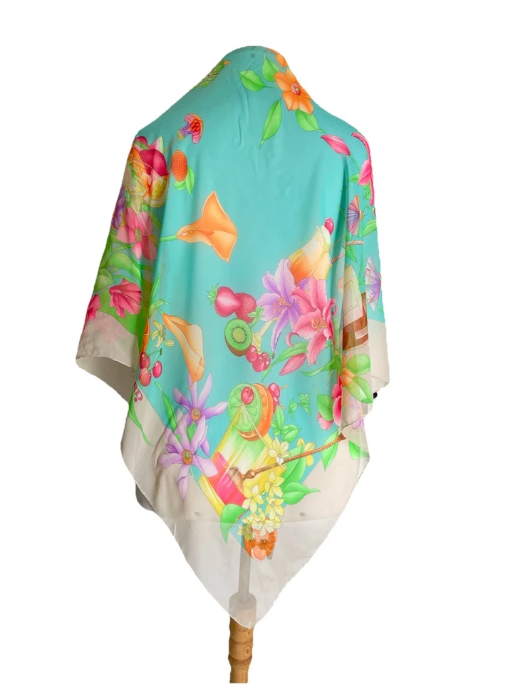 Y2#Leonard Paris Bufanda de Seda Estampado Floral Fruta Turquesa Hecha en Italia Foto 1 de 4