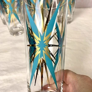 Federal Glass Co. Inca Atomic Starburst Tumblers MCM Turquoise 22K Gold Set/6 - Picture 1 of 15