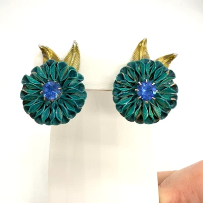 Pendientes Coro Vintage Verde Azulado Esmalte Pétalos Azul Estrás Centro Clip On Foto 1 de 4