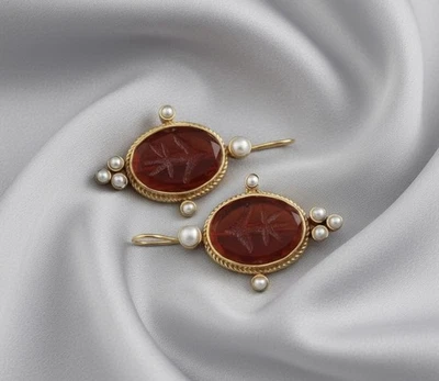 Pendientes Museo Eduardiano Intaglio Perla Roja Oro Camafeo Flor Geométrica Foto 1 de 4
