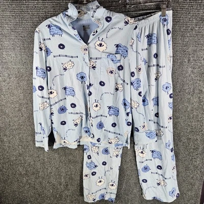 Hue Pajama Set LS Button Collar Top Pants Blue White Sheep 100% Cotton Medium - Image 1 of 4