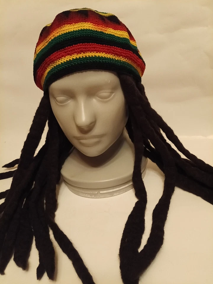 Rasta 男式针织 Beani 帽子/帽子带人造防摔帽。 Reggae/ Bob Marley 风格 — 第 1/4 张图片