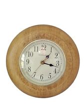 Vintage 9" Round Ingraham Wall Clock Quartz  Brown Wood Frame WORKS