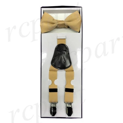 New Kid Boy Y back Suspender adjustable strap clip on & bowtie formal Gold party - Image 1 of 2