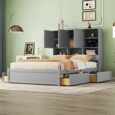 Full Queen Size Platform Bed with Storage Drawers & Bookcase Headboard Wood Beds - Image 1 of 4