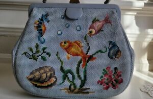 Vintage 1960’s Fish Sealife Carpet Bag Needlepoint Tapestry Handbag Purse