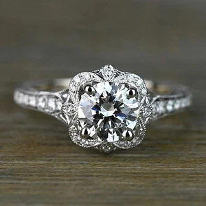 3Ct Round-Cut VVS1 Moissanite Vintage Halo Engagement Ring 14k White Gold Plated - Picture 1 of 5