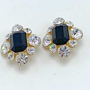 Vintage Edwin Pearl Crystal and Black Cabochon Clip On Earrings Signed