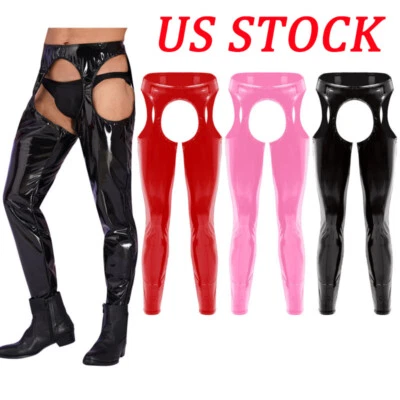 iixpin Men Wet Look High Waist Cutout Legging Patent Leather Skinny Pants AU - Image 1 of 4