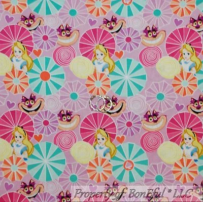 BonEful FABRIC FQ Cotton Quilt Purple Pink Alice in Wonderland Heart Disney Cat - Image 1 of 4