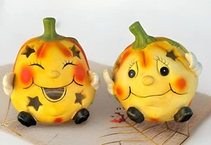 Friendly Face Pumpkins Tea light Candle Holder Anamorphic Fall Harvest Halloween - Picture 1 of 13