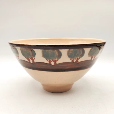 Studio Art Pottery Bowl Hand Made Painted Beige with Beautiful Trees Design 7" - Image 1 of 4